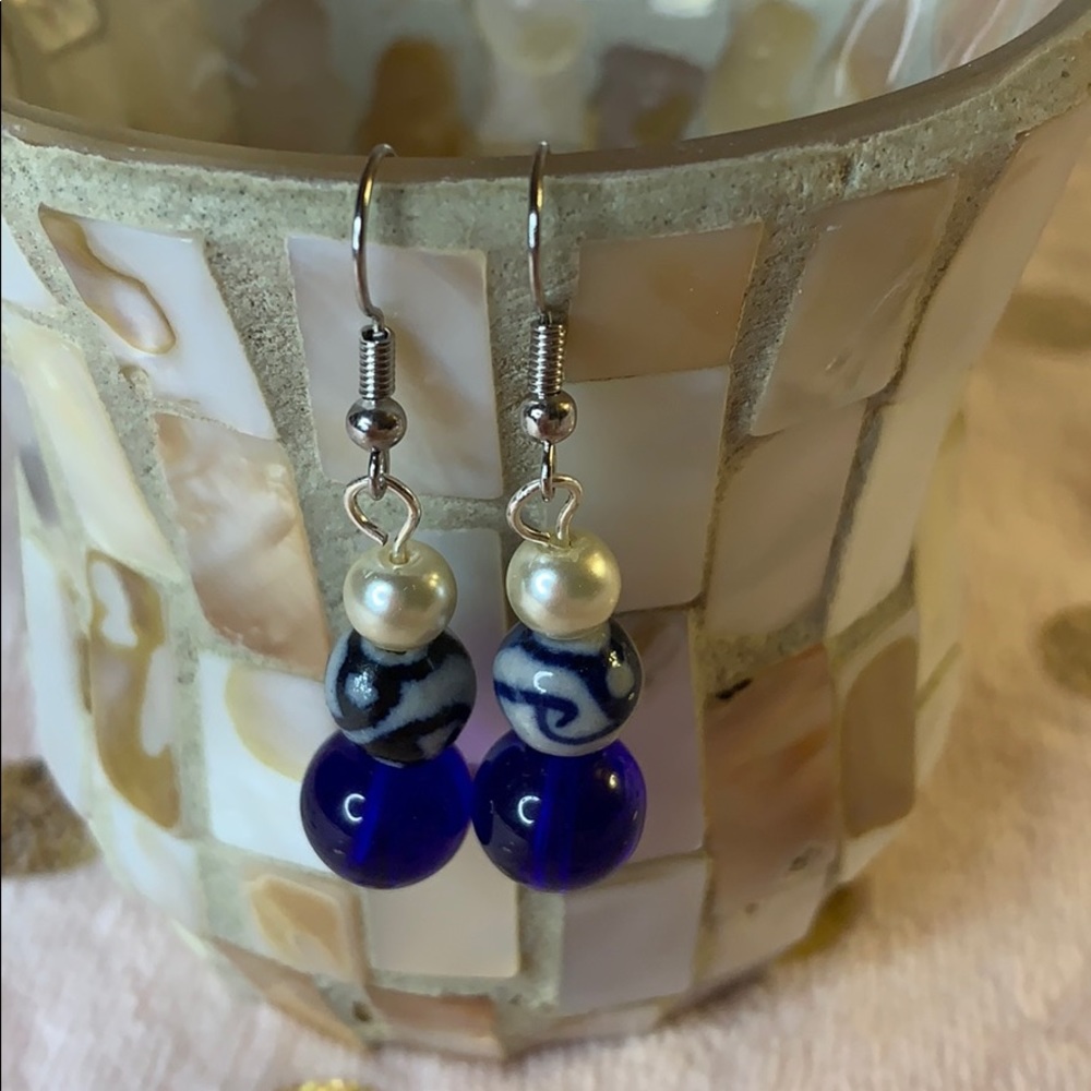Pearl and blue glass bead dangle earrings